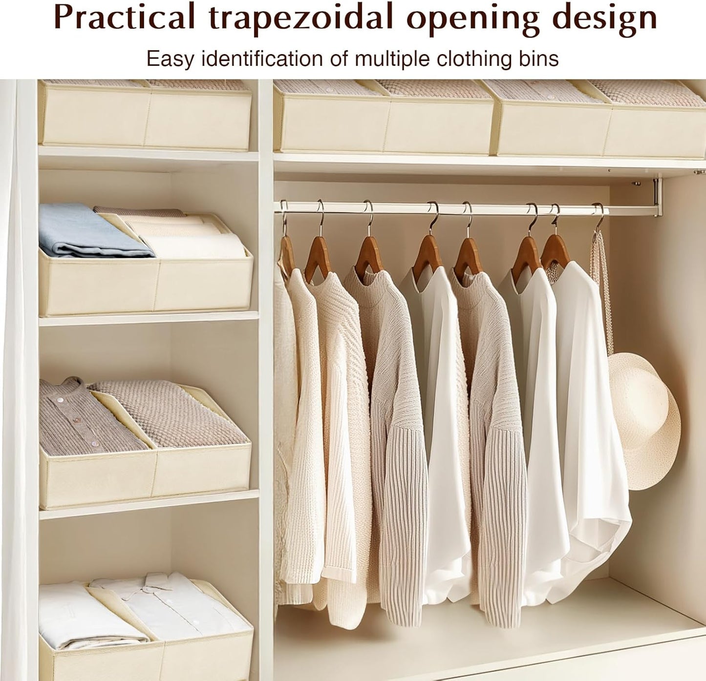 Closet Organizers and Storage Bins - 8 Pack Collapsible Divided Trapezoidal Cube Storage Bins Baskets with Orange Handle for Organizing Clothes Blankets, Toys, Books, Towels(Beige)