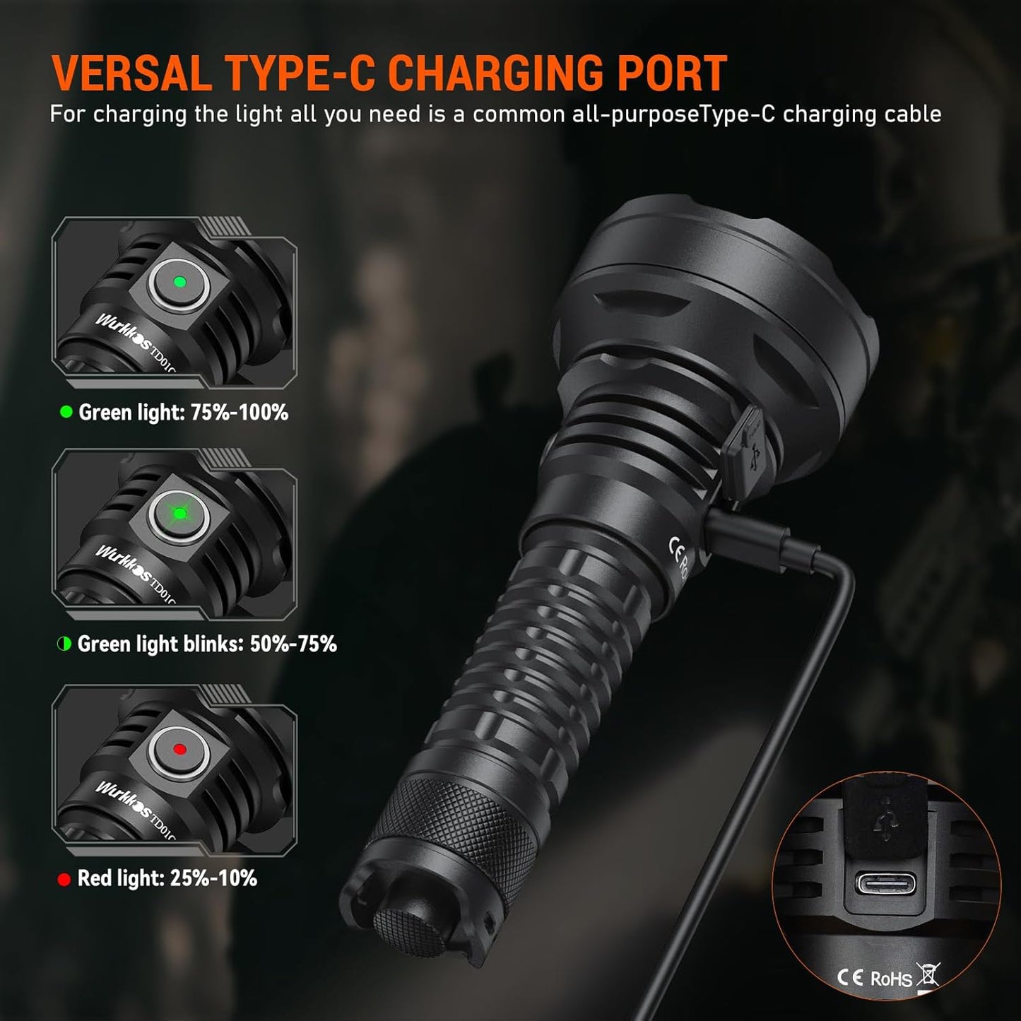 Wurkkos LED Tactical Flashlight Rechargeable - TD01C Tactical Flashlight High Lumens SFT40 LED Super Bright 1800LM with Buck Regulated Driver IP68 1000M Longest Range USB C