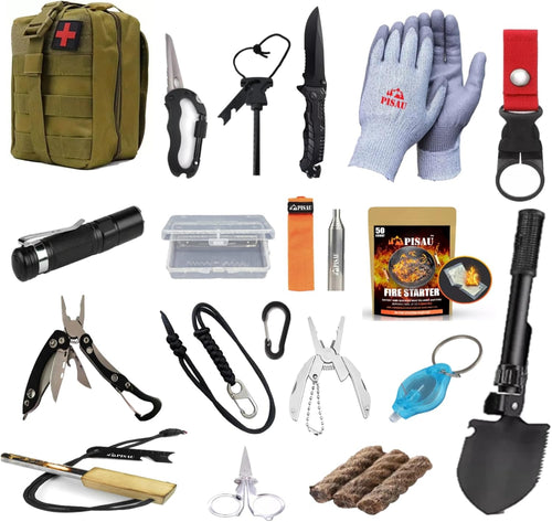 PISAU 20 in 1 Professional Survival Kit Gear for Camping Hunting Hiking (Green)