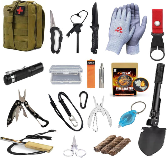 PISAU 20 in 1 Professional Survival Kit Gear for Camping Hunting Hiking (Green)