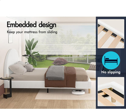 ALFORDSON Bed Frame Base Double Size with Boucle Fabric Upholstery, Bed Platform Foundation with Headboard for Mattress Topper, Calla Boucle White