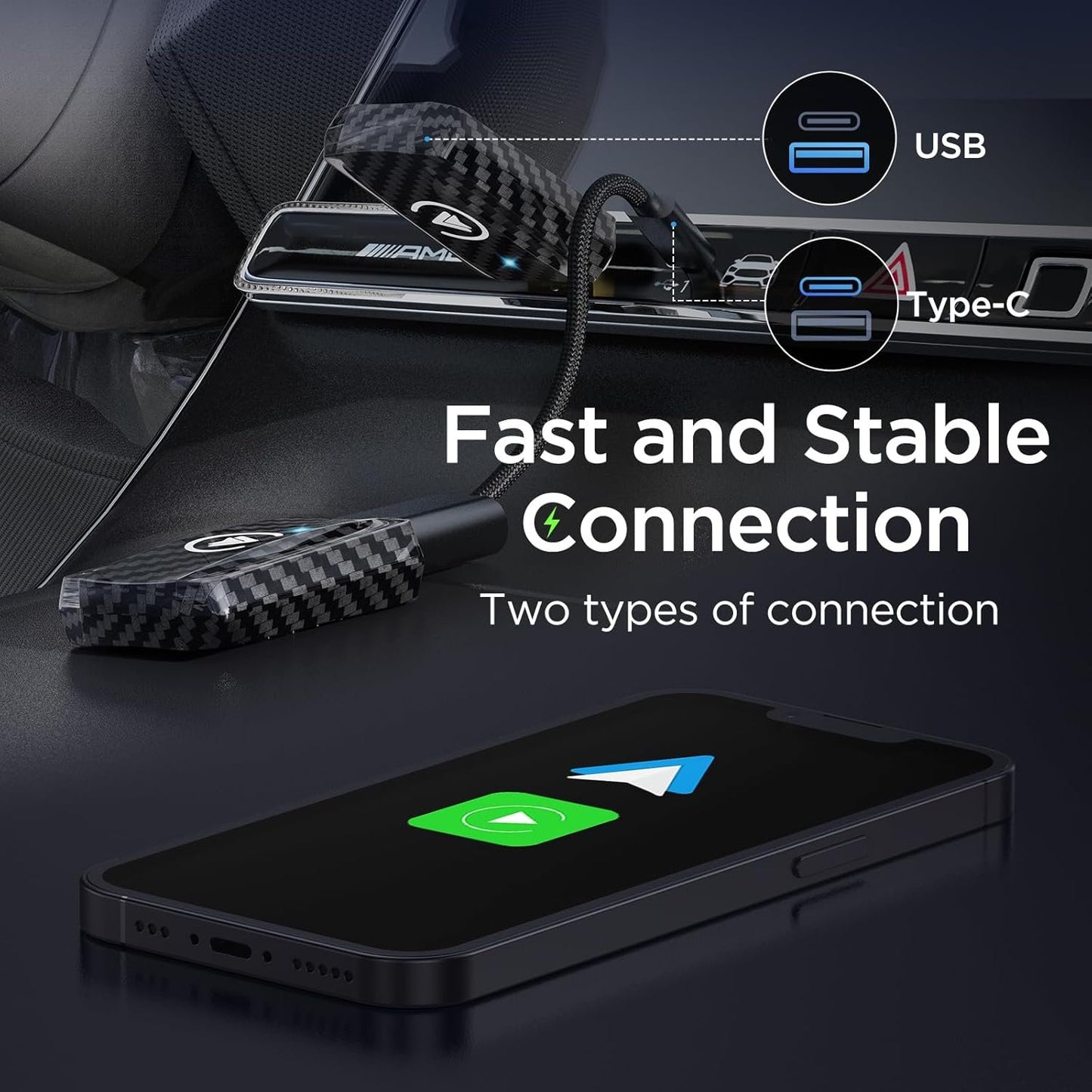 MSXTTLY Wireless Carplay Adapter & Android Auto Wireless 2 in 1, SMT-AC01 Converts Android Auto/Carplay from Wired to Wireless, Supports iOS 10+ and Android 11+, USB C/A, Plug & Play Mini Black