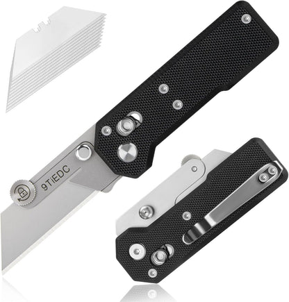 9TiEDC Folding Utility Knife,G10 Handle Heavy Duty Safety Box Cutter,Razor Knife & EDC Pocket Knife with Extra 10PC Blades,Perfect for Household Tools,Office,Factory,Outdoor Use.