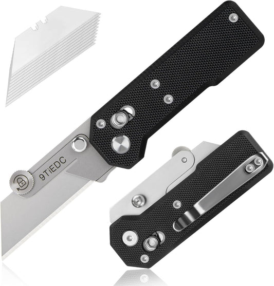 9TiEDC Folding Utility Knife,G10 Handle Heavy Duty Safety Box Cutter,Razor Knife & EDC Pocket Knife with Extra 10PC Blades,Perfect for Household Tools,Office,Factory,Outdoor Use.