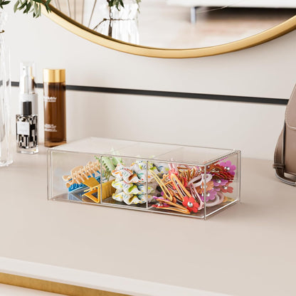 JDOTL Hair Accessories Organizer for Girls, Clear Acrylic Hair Bow Tie Clip Scrunchie Holder with Divider, Cute Small Stackable Storage Drawer Container Caddy Box for Bathroom Vanity Countertop