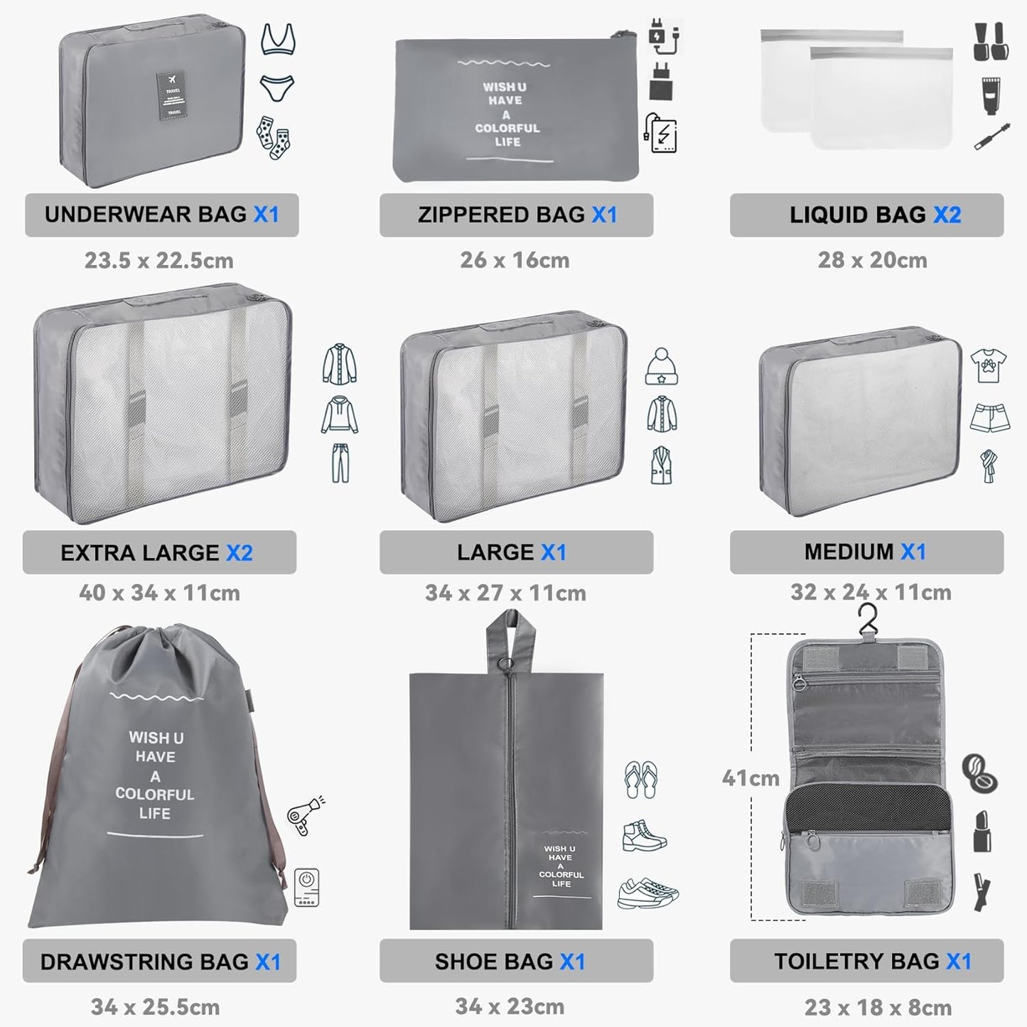 WECUTE 11 Piece Suitcase Organizer, Travel Suitcase Organizer, Travel Suitcase Organizer, Travel Organizer, Travel Organizers Set (Grey)