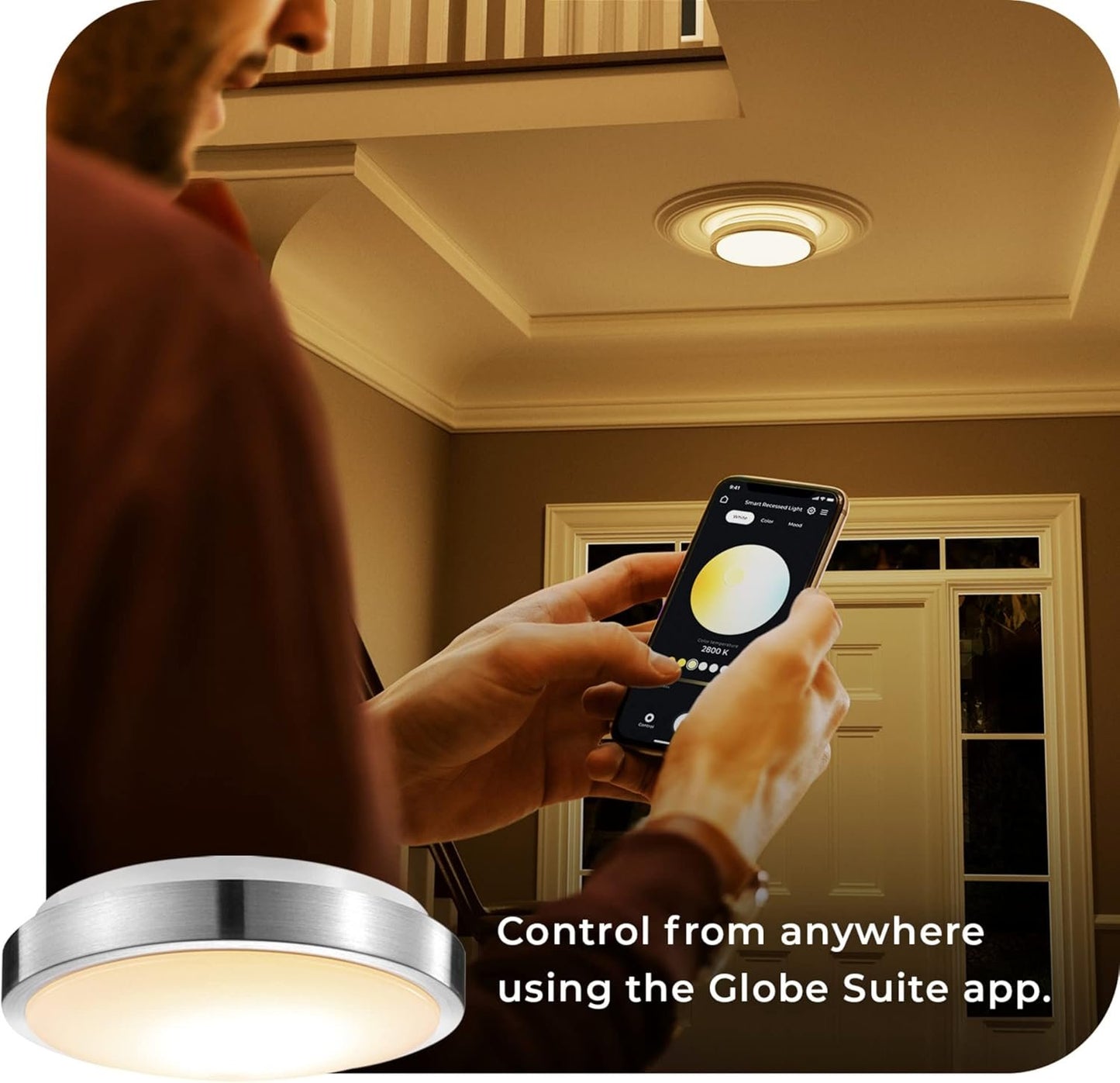 Globe Electric 60839 Wi-Fi Smart 11" Flush Mount Ceiling Light, Brushed Nickel, No Hub Required, Voice Activated, Energy Star, 16 W, Multicolor Changing RGB, White 2000K - 5000K, 1120 Lumens, 80 CRI