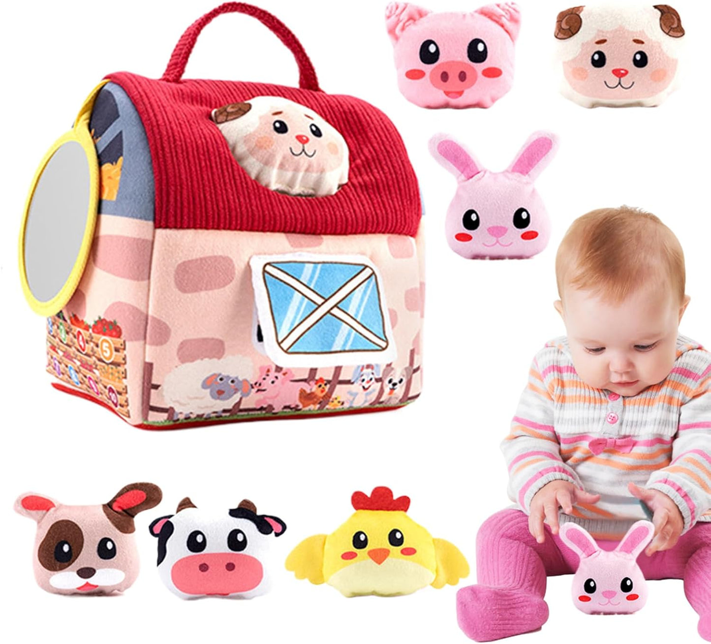 Générique Plush Barn Farm Animals, Stuffed Toy Pretend Play Set, Fun Learning Child Safe Hand Development with Mirror for Kids, Toddler, Boys, Girls, Preschool Children