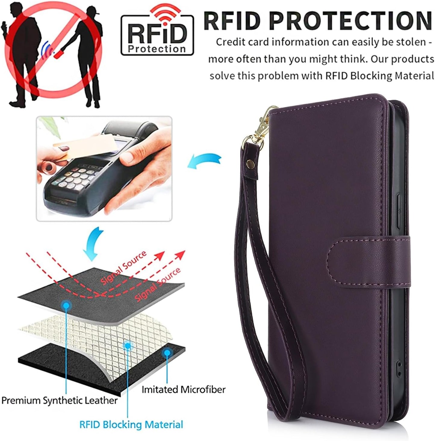 Procarcasa for Galaxy S21 Wallet Case,for Samsung Galaxy S21 5G Case [7 Card Holders][Wrist Strap] PU Leather Wallet Shockproof Stand Kickstand Magnetic Clourse Phone Cover-Dark Purple