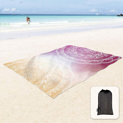 Sunlit Silky Soft Boho Sand Proof Beach Blanket Sand Proof Mat with Corner Pockets and Mesh Bag 6' x 7' for Beach Party, Travel, Camping and Outdoor Music Festival, Orange Purple Mandala