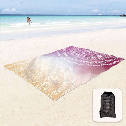 Sunlit Silky Soft Boho Sand Proof Beach Blanket Sand Proof Mat with Corner Pockets and Mesh Bag 6' x 7' for Beach Party, Travel, Camping and Outdoor Music Festival, Orange Purple Mandala