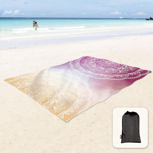 Sunlit Silky Soft Boho Sand Proof Beach Blanket Sand Proof Mat with Corner Pockets and Mesh Bag 6' x 7' for Beach Party, Travel, Camping and Outdoor Music Festival, Orange Purple Mandala