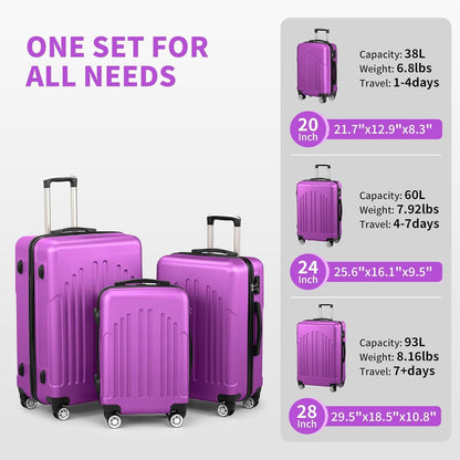 Karl home Luggage Sets 3 Piece, PC+ABS Durable Hardside Suitcase with Double Spinner Wheels TSA Lock, Carry on Luggages for Travel Business - Purple, 20/24/28