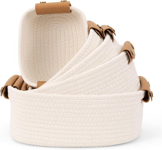 Beautiful Storage Basket Set of 5 - Sturdy Cotton Rope Baskets for Shelves Are Perfect for Organizing Your Home - Quality Storage Bins Easily Fit With Any Bathroom, Nursery or Bedroom Decor
