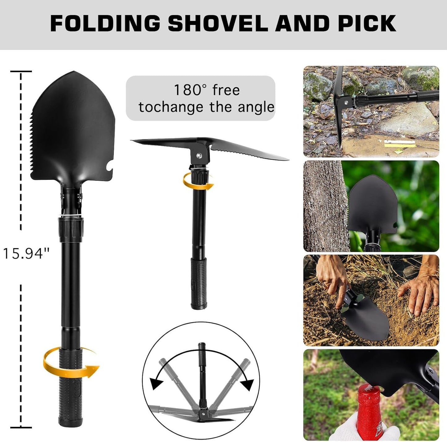 26oz Geologist Rock Pick Tool kits-12 Folding Multitool Shovel-Survival Bracelet-Safety Glasses-Jewelers Loupe-Gloves for Hounding Gold Mining Prospecting Stone Breaking Pry Rocks Loosen Soil