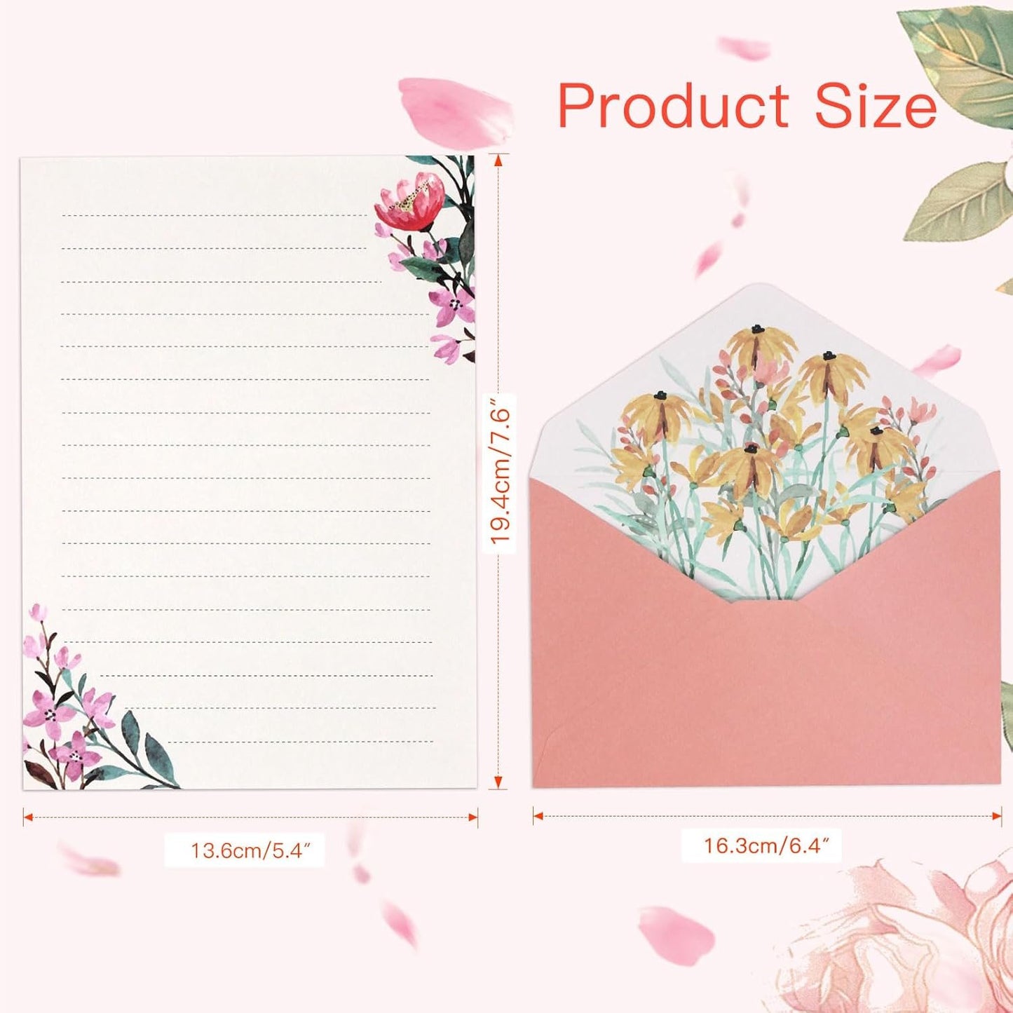 KSIWRE 36 PCS Writing Paper and Envelopes Set,Warm Floral Themed Stationary Set for Wedding Invitations Wishes,24 Lined Stationery Paper with 12 Envelops