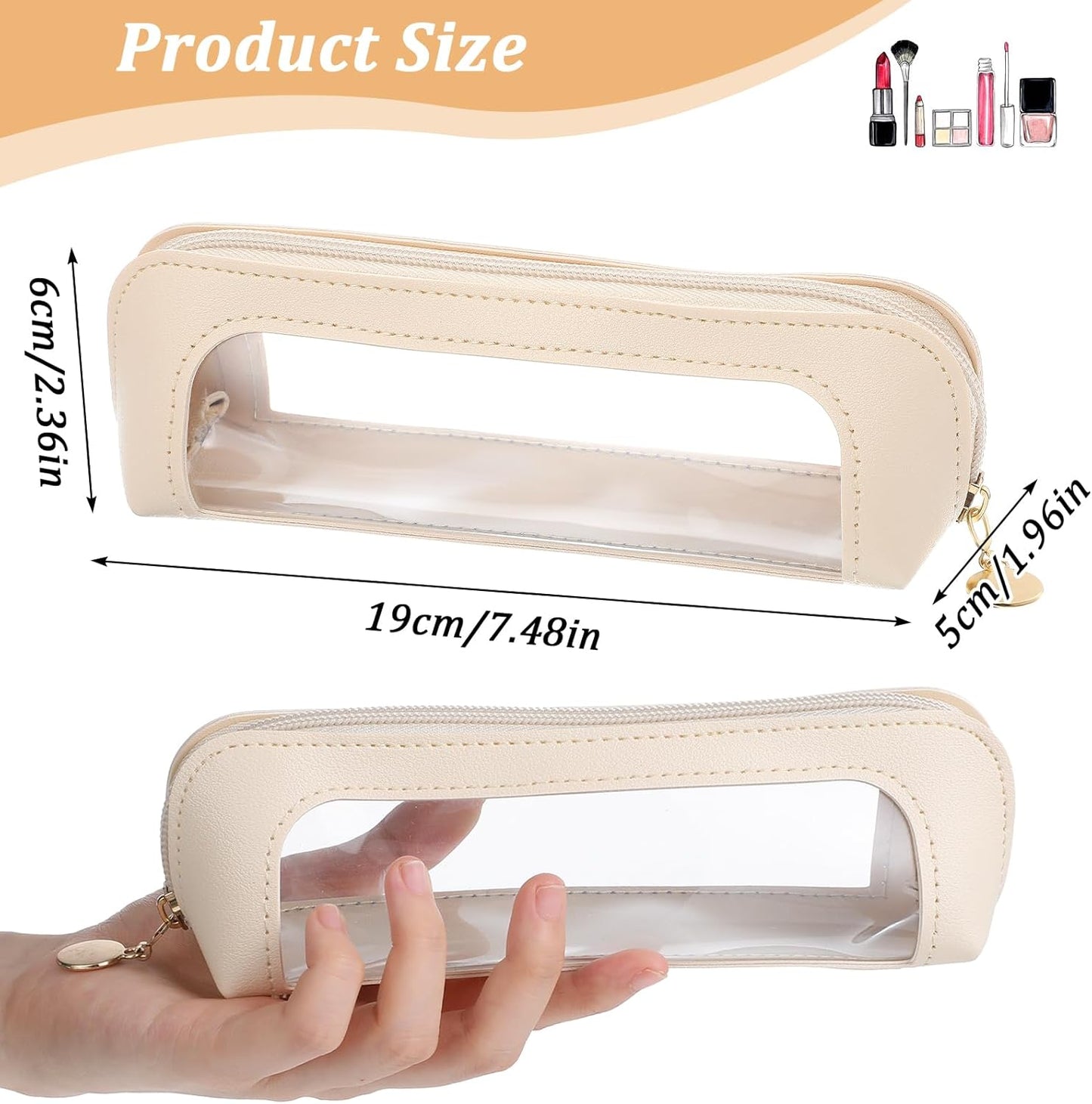 Clear Makeup Bag, Portable Transparent Cosmetic Organizer, PU Leather Makeup Brush Holder, Waterproof Travel Toiletry Pouch with Zipper for Women, Slim Makeup Case for Home, Office, Travel, Beige