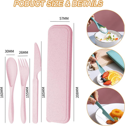 9 Sets Wheat Straw Cutlery, Reusable Utensil Set with Case Spoon Knife Fork Tableware Set, Portable Camping Utensils for Kids Adult Travel Picnic Camping Essentials (9 Colors)