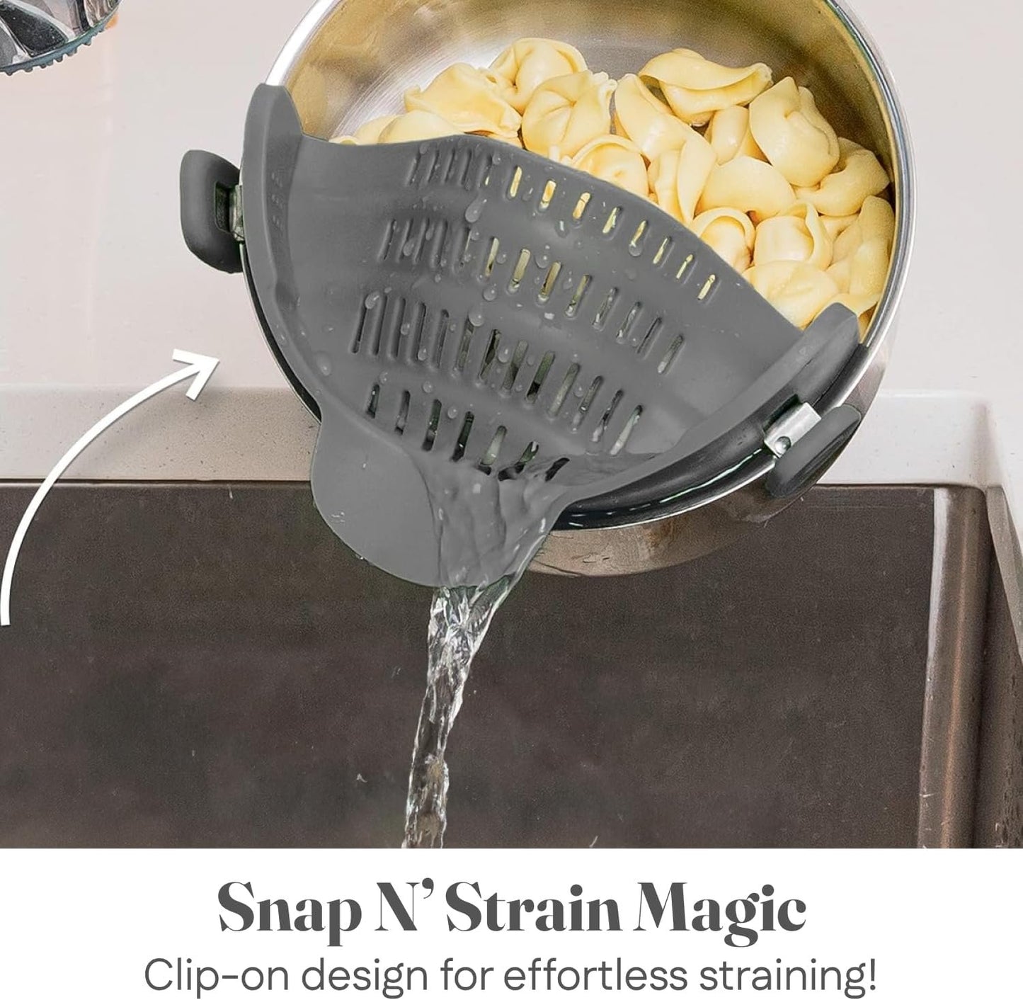 Original Kitchen Gizmo Strainer for Pots, Pans, and Bowls - Adjustable Silicone Clip on Colander - Snap N Strain Kitchen Gadget for Fruits, Veggies, Salads, Pasta, and More - Dishwasher Safe - Grey