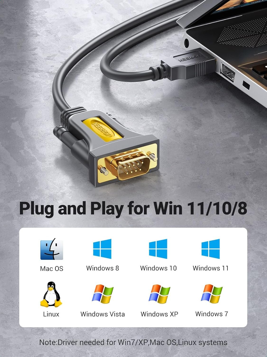 UGREEN USB to RS232 DB9 9 Pin Male Serial Adapter Cable with PL2303 Chipset Compatible with Windows 11 10 8.1 8 7 XP Vista, Mac OS, Linux for Cisco Router and Switch, Celestron Telescope (1m)