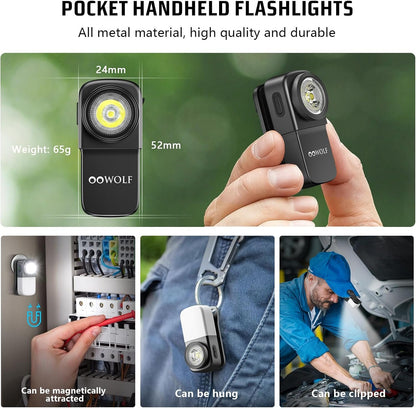 OOWOLF LED Flashlight Rechargeable Super Bright, EDC Flashlight with Flood, Red Light, Waterproof Pocket Light, Easy to Magnetic Attach and Clip-on for Hiking, Working and Daily Use, Camping Emergency