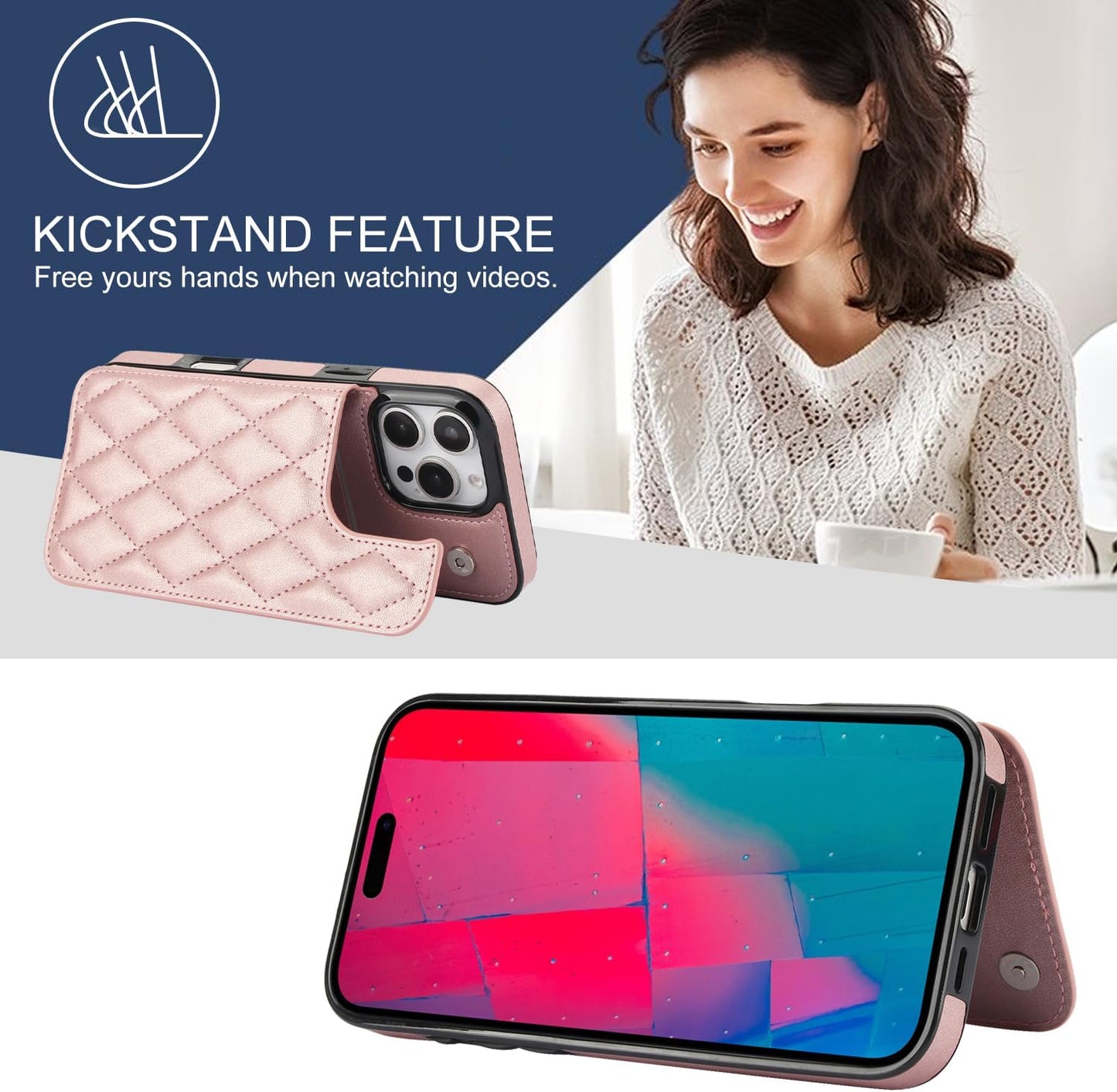 ELEPIK for iPhone 16 Pro Case, Wallet Case with Kickstand, [3 Card Holders] [Military Drop Protection] Durable PU Leather Magnetic Slim Wallet Phone Case for iPhone 16 Pro, Pink