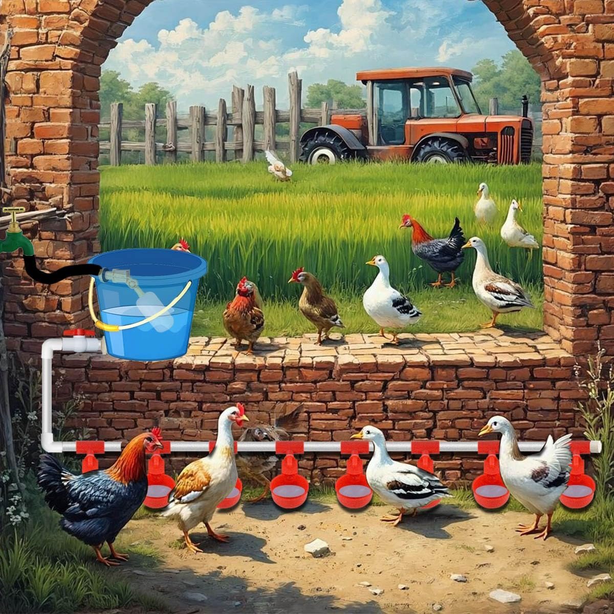 Automatic Chicken Waterer System,Complete PVC Pipelines Chicken Watering System, with Chicken Water Cups,1/2" PVC Tee Fittings & Pipe,Poultry Waterer Feeder Kit,Duck,Goose,Quail