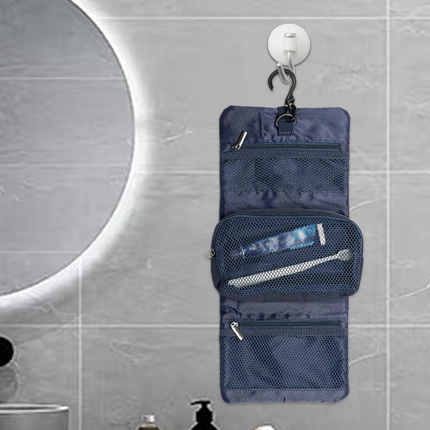 Hygiene Bag, Travel Toiletry Bag for Men, Cosmetic Bag Pouch, Portable Toiletry Storage Case, Waterproof Toiletry Travel Bag with Hook for Men, Navy blue, Se rÃ©fÃ©rer au descriptif, Refer to