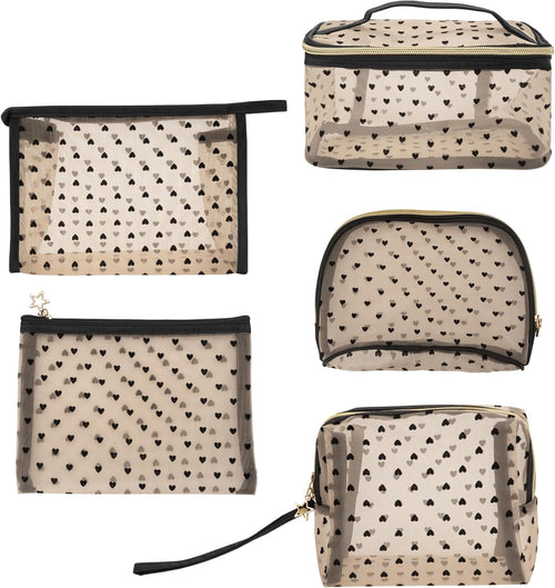 Adorila Mesh Makeup Bags, Heart Print Zipper Mesh Storage Pouch, Travel Cosmetic Accessories Organizer for Women, beige-set of 5