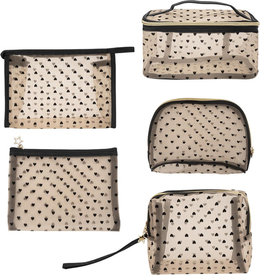 Adorila Mesh Makeup Bags, Heart Print Zipper Mesh Storage Pouch, Travel Cosmetic Accessories Organizer for Women, beige-set of 5