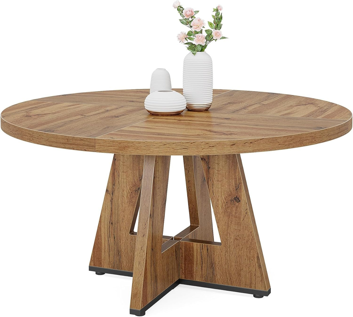Tribesigns Round Dining Table Wood Kitchen Table for Dining Room, 47" Dinning Room Tables for 4 Adult, Farmhouse Dinner Table with Wooden Tabletop and Cross Base, Burlywood