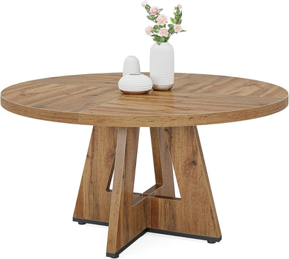 Tribesigns Round Dining Table Wood Kitchen Table for Dining Room, 47" Dinning Room Tables for 4 Adult, Farmhouse Dinner Table with Wooden Tabletop and Cross Base, Burlywood
