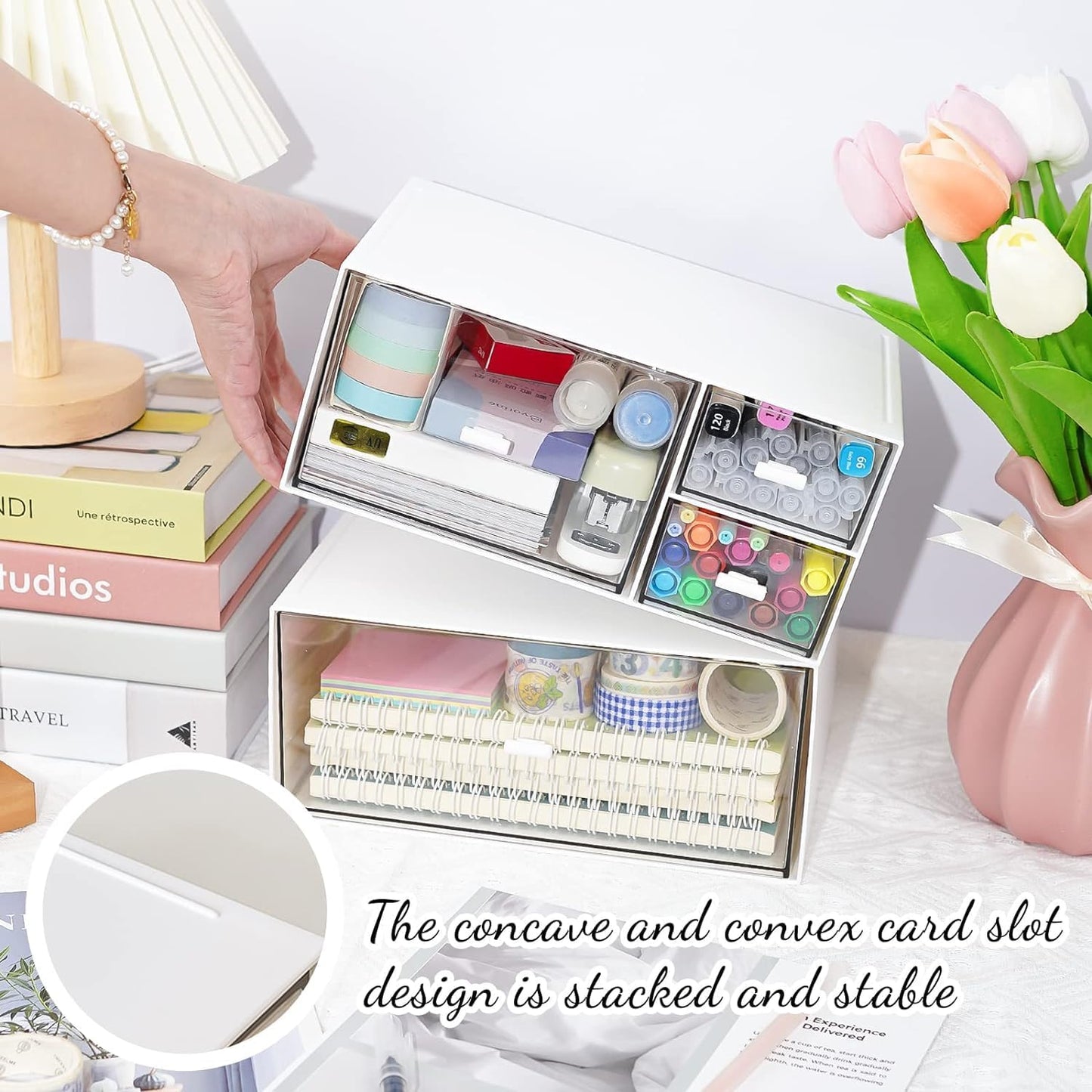 Desk Drawer Organizer, Transparent Makeup Organizer Storage Box with 4 Removable Plastic Drawers, Desk Storage and Accessories for Home Collection Cosmetics Office Bathroom Counter Dressing Table