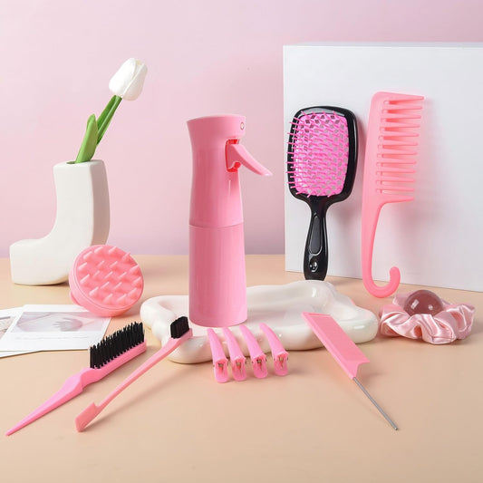 12 Pcs Hair Brush Set, 3 Pieces Slick Back Hair Brushes for Toddlers, Women, Detangling Brush for Wet Dry Curly Hair, Edge Bristles Wide Tooth Rat Tail Combs for Baby Girls (pink)