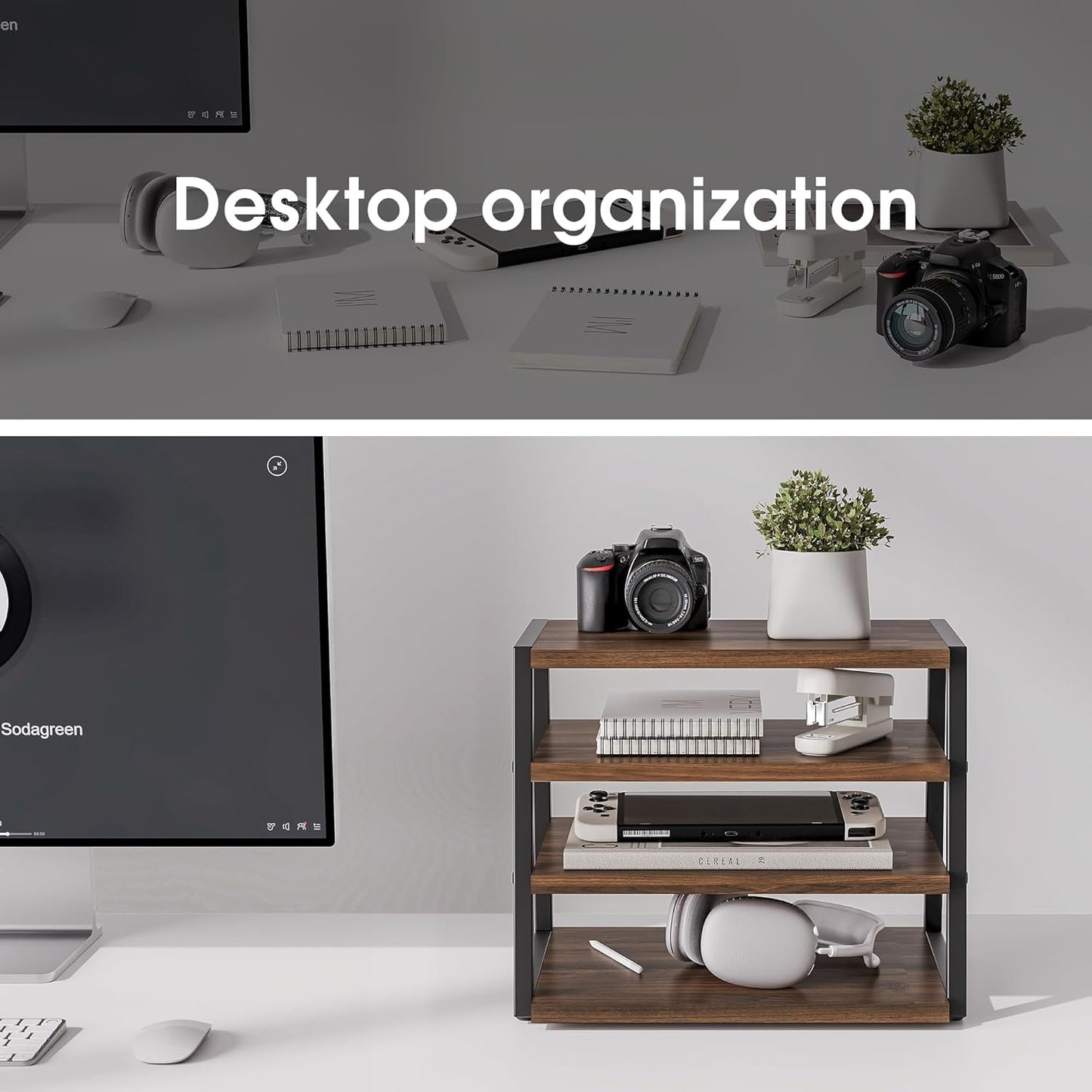 Fenge Desk Organizer, 4 Tier File Organizer for Desk, Wood and Metal Paper Letter Literature Mail Sorter, for Office Supplies and Accessories,Brown