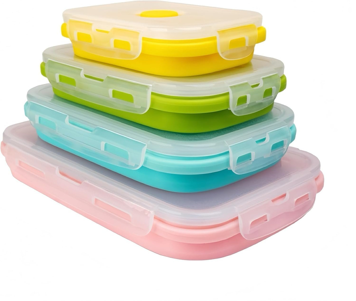 Pack of 4, Collapsible Food Supplement Box, Collapsible Silicone Food Storage Container with Clip-on Lid, Stackable, Space Saving, Dishwasher Safe, BPA Free
