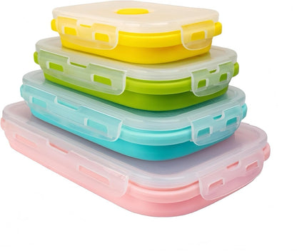 Pack of 4, Collapsible Food Supplement Box, Collapsible Silicone Food Storage Container with Clip-on Lid, Stackable, Space Saving, Dishwasher Safe, BPA Free