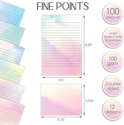 Better Office Products Mini Stationery Set, 100 Piece Set (50 Lined Watercolor Sheets + 50 Matching Envelopes), 5.5 x 8.25 inch, 12 Unique Designs, Double Sided Printing, One Side Lined Paper, by