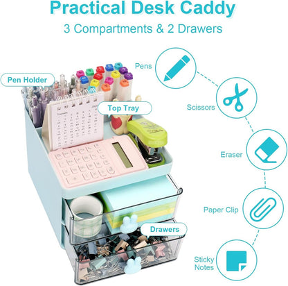 Meiikun Desk Organizer with 2 Drawers, 2 Compartments & a Top Tray, Small Desktop Organizers, Cute Makeup Brush Holder, Office Accessories Home Organization for Women, 13 cm x 15 cm x 11.5 cm (Blue)