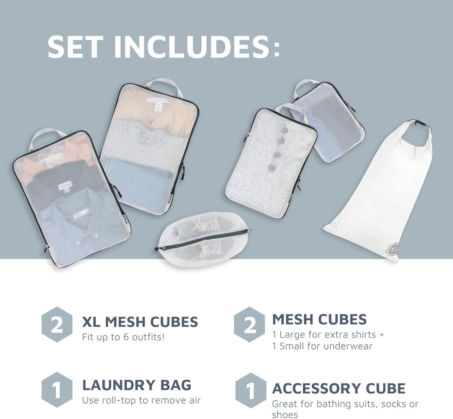 Large Packing Cube Set with See Through Mesh- Compression Packing Cubes Travel Organizers (White)