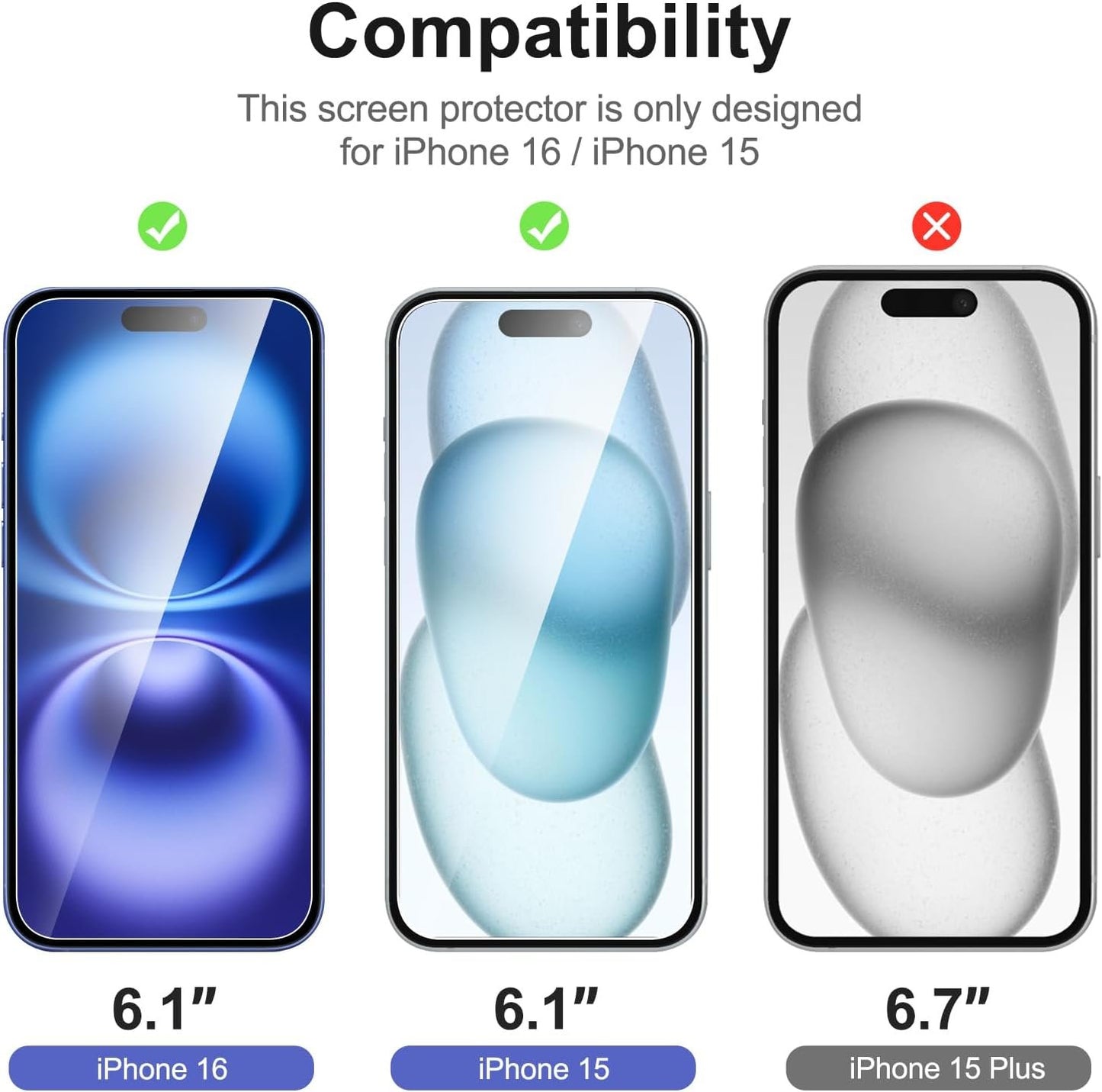 NEW'C [3 Pack] Designed for iPhone 16,15 (6.1 inches) Screen Protector Tempered Glass with easy installation tool included,Case Friendly Ultra Resistant