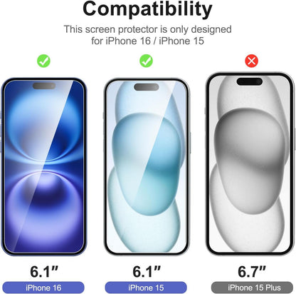 NEW'C [3 Pack] Designed for iPhone 16,15 (6.1 inches) Screen Protector Tempered Glass with easy installation tool included,Case Friendly Ultra Resistant
