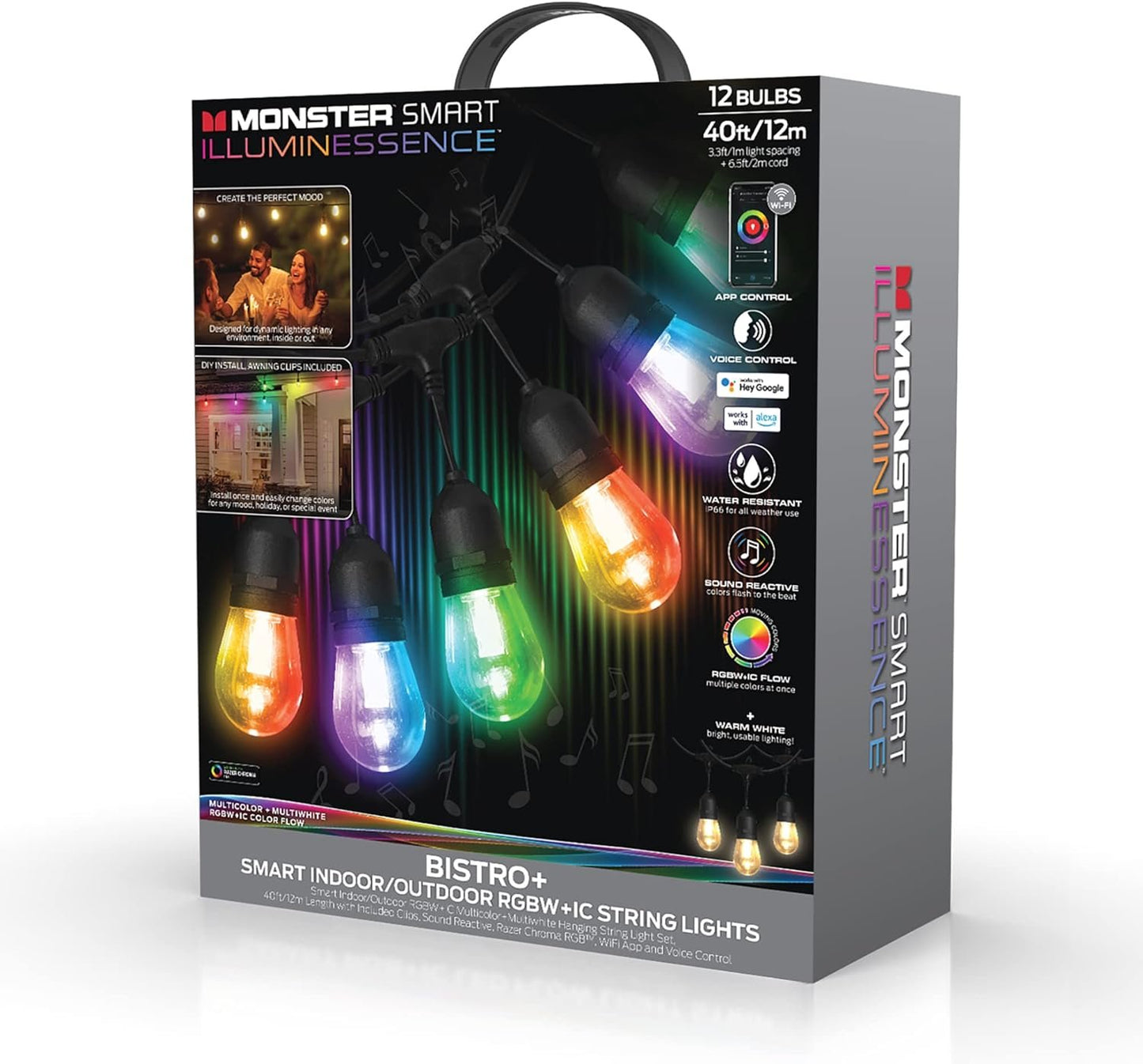 Monster Smart 40ft Bistro+ Patio String Light, Unique Multi-Color/LED Lighting, Indoor/Outdoor, Waterproof, Customizable Via Downloadable App, Compatible with Alexa/Google Assistant/Siri