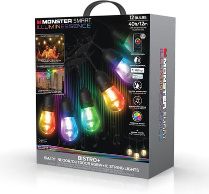 Monster Smart 40ft Bistro+ Patio String Light, Unique Multi-Color/LED Lighting, Indoor/Outdoor, Waterproof, Customizable Via Downloadable App, Compatible with Alexa/Google Assistant/Siri