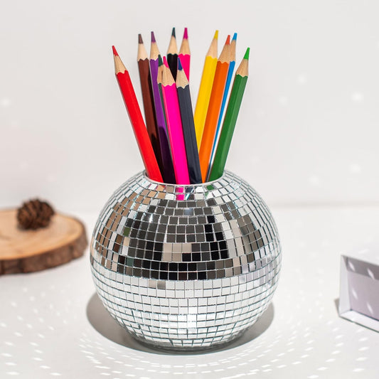 RGBDOT Disco Ball Desk Pencil Holder - Disco Ball Pen & Make Up Brush Organizer with Silver Sequins, Disco Accessory, Office Home or Bedroom Decor, 4 in