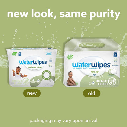 WaterWipes Plastic-Free Textured Clean, Toddler & Baby Wipes, 99.9% Water Based Wipes, Unscented & Hypoallergenic for Sensitive Skin, 240 Count (4 packs), Packaging May Vary