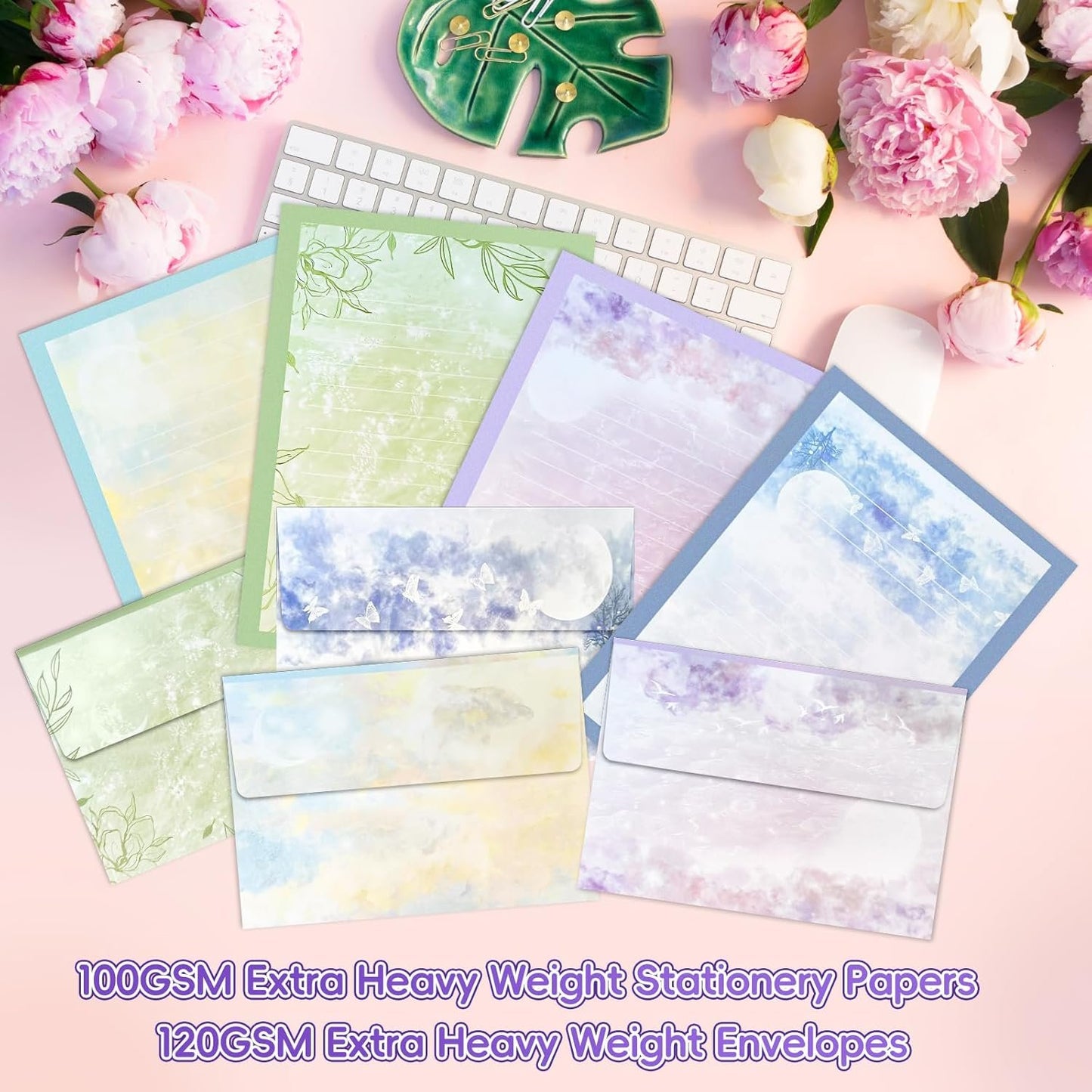IMagicoo 40 Lined Writing Stationery Paper with 20 Envelopes, Beautiful Sky Designs for Writing Letter, Notes, Invitations, 4 Different Style (9.4 x 6.6)