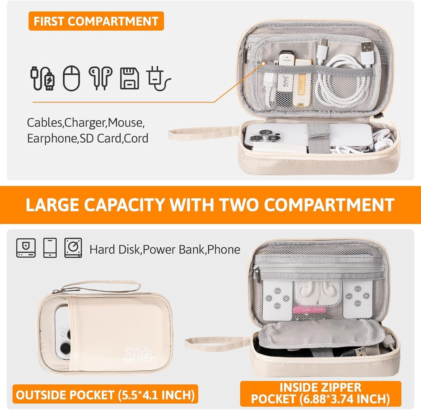 Electronics Organizer, OrgaWise Electronic Accessories Bag Travel Waterproof for iPad Mini, Kindle, Hard Drives, Cables, Chargers (S2-Beige)