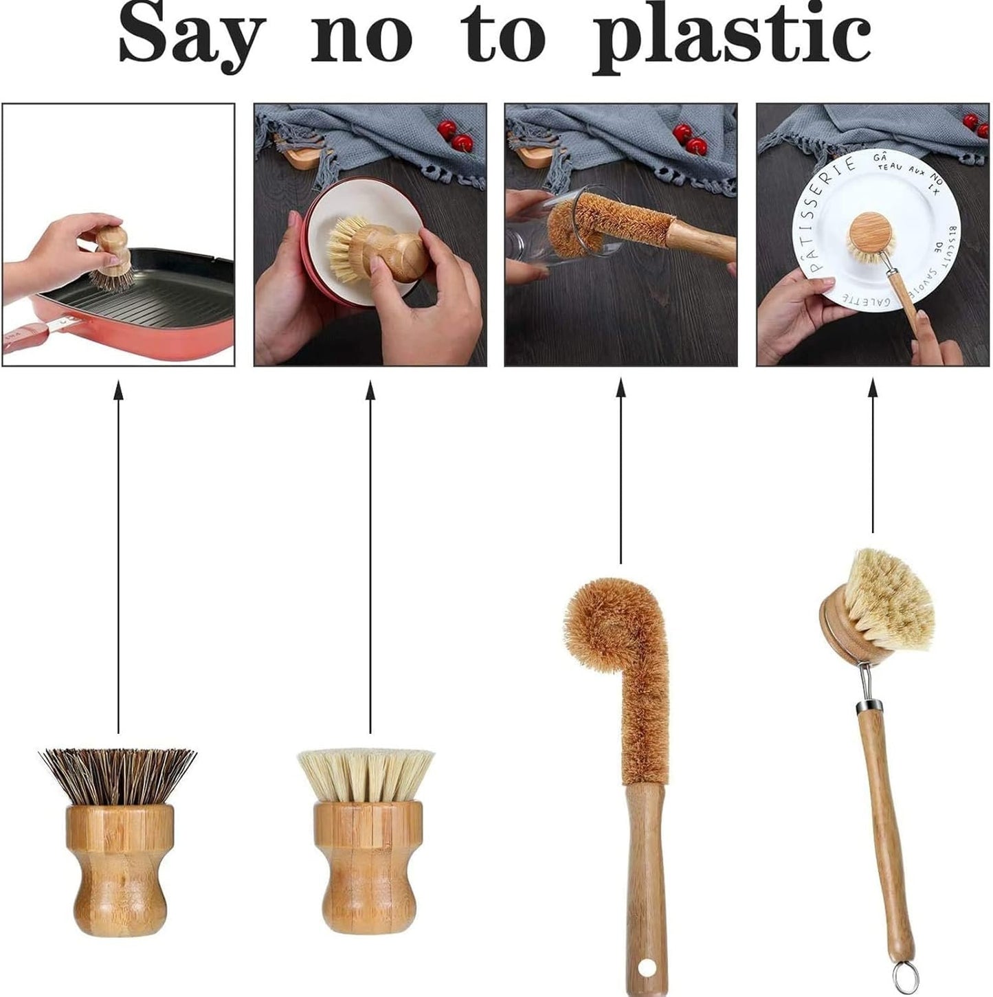 4 Pieces Bamboo Scrub Brush Eco-Friendly Kitchen Cleaning Brush Set Mini Pot Brush Natural Bamboo Dish Scrubber with Bamboo Handle for Kitchen Cleaning Dishes Pots Pans