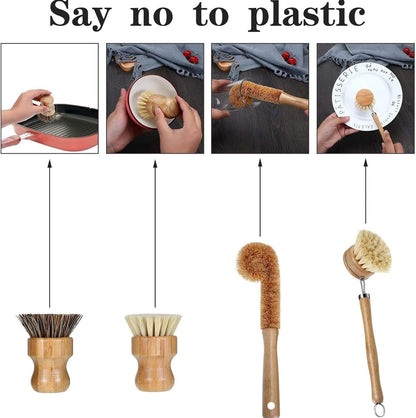 4 Pieces Bamboo Scrub Brush Eco-Friendly Kitchen Cleaning Brush Set Mini Pot Brush Natural Bamboo Dish Scrubber with Bamboo Handle for Kitchen Cleaning Dishes Pots Pans